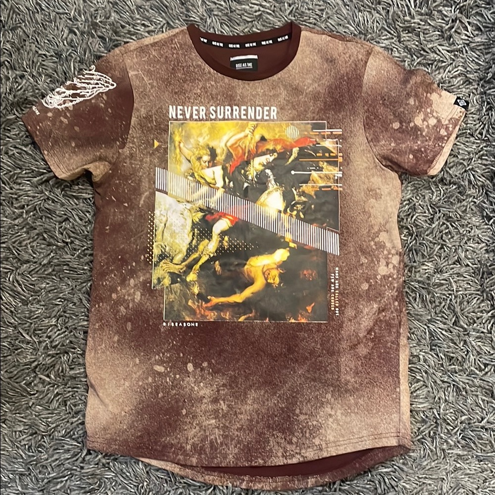 Rise as 1ne Brown Short Sleeve Tees with Vintage Distressed Look sz L
